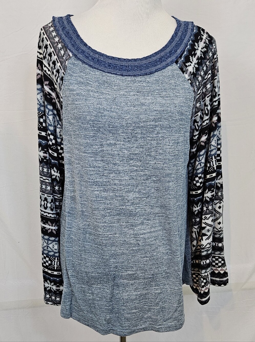 Heather Blue Raglan Top with Butterfly Patterned Sleeves
